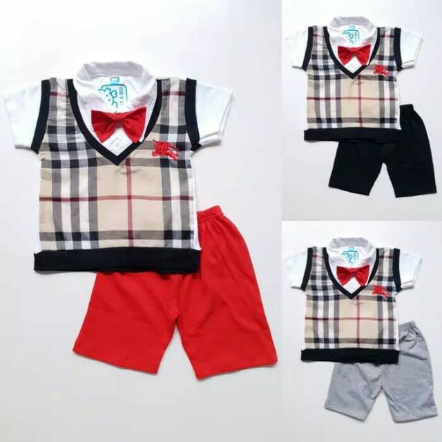 Baju Setelan Anak Laki Cowok Sweater Vest Kotak Coklat Dasi Merah