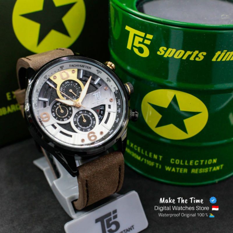 Jam Tangan Pria T5 3656 Chronograph dan Tanggal Aktif Strap Kulit Original Waterproof