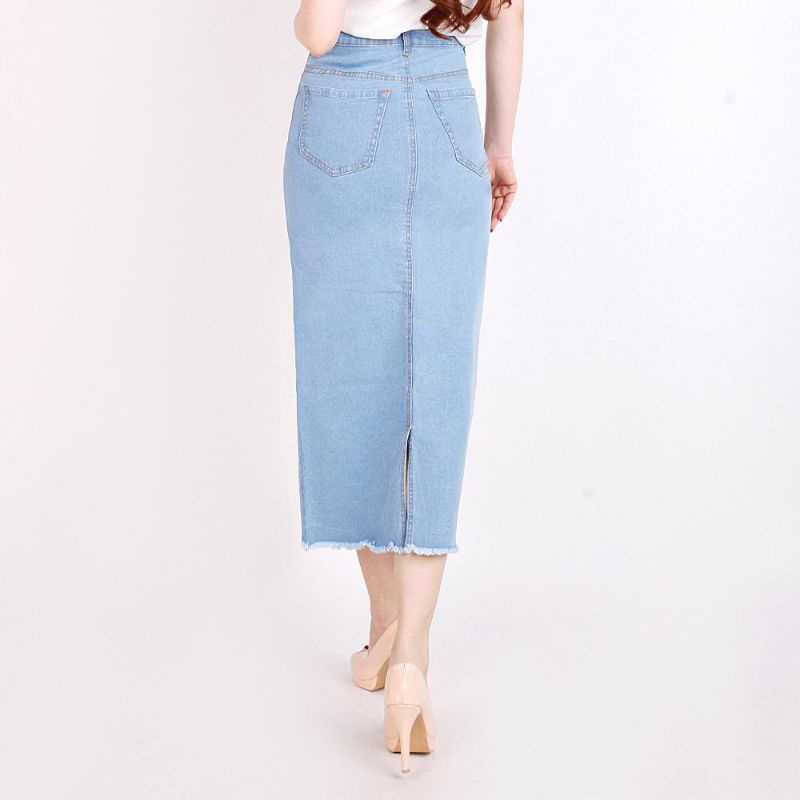 Rok Jeans Wanita Span 7/9 Denim Rawis Stretch Cewek Panjang-5