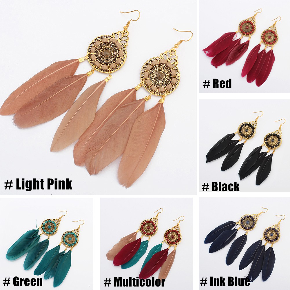 [Bayar Di Tempat]fashionBohemia Panjang Feather ed Round Hook Earrings Menjuntai Charm