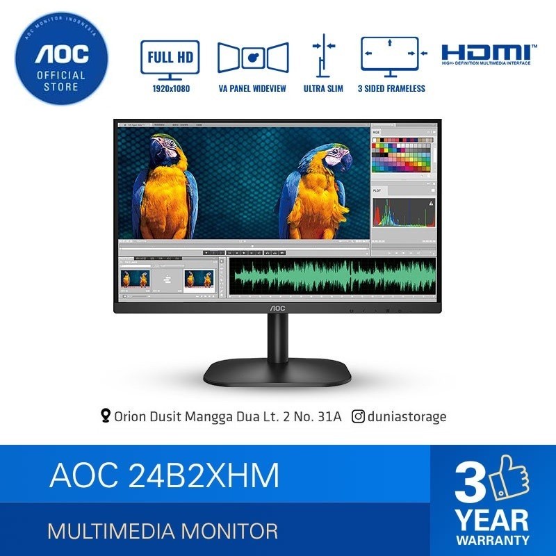AOC 24B2XHM 24 Inch Monitor - FHD VA 75Hz Ultra-slim Frameless