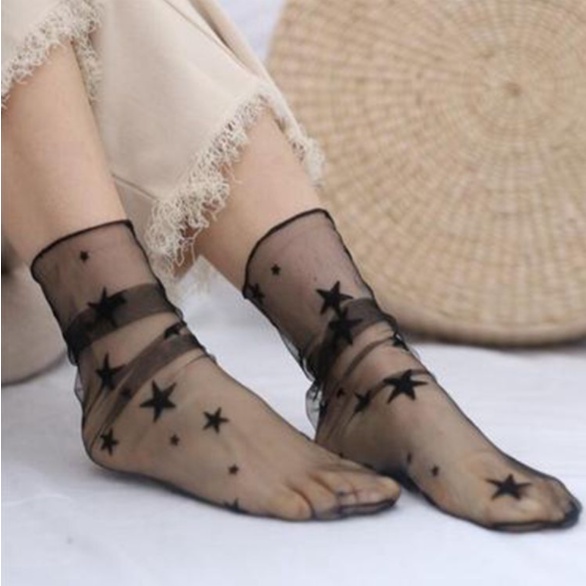 KKT 71-77 Kaos Kaki Korea Transparan Jaring Snowflake Polkadot Bintang Glitter