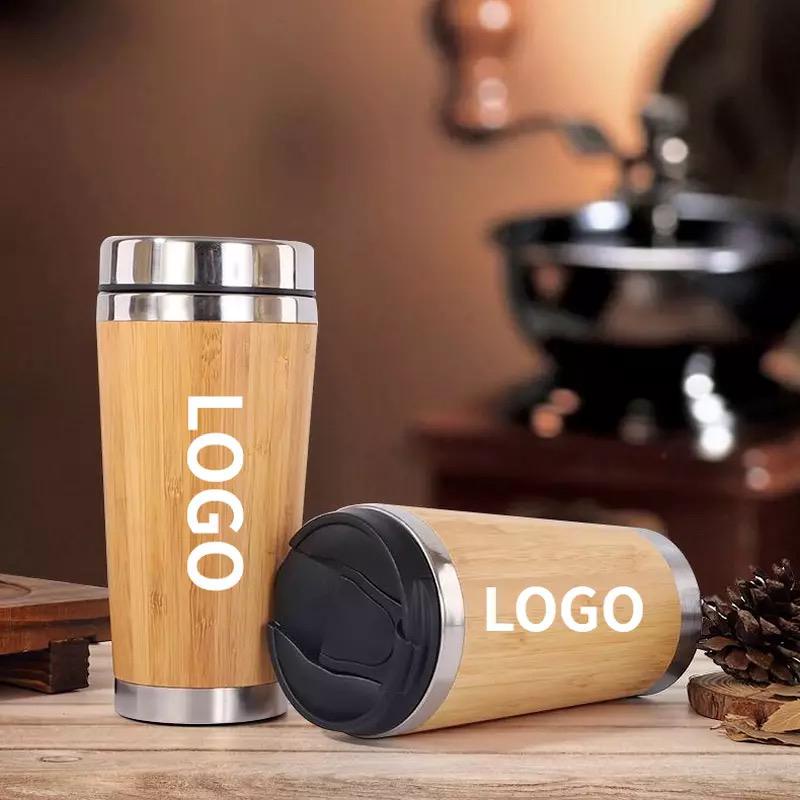 tumbler botol minum bambu 450ml / bamboo coffee cup travel stainless steel / natural mini thermos cup bamboo