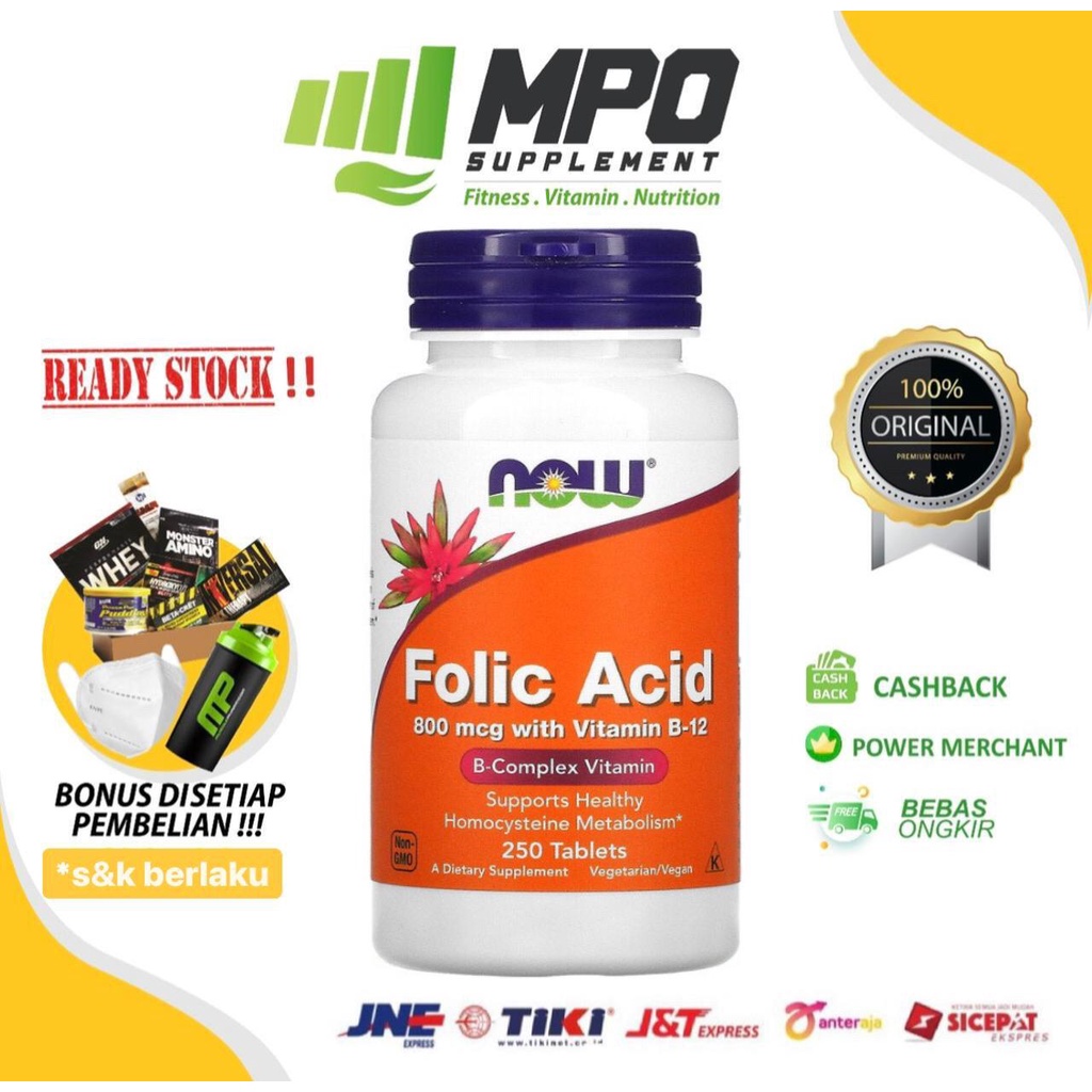 NOW Foods Folic Acid 800mcg (250tabs) NOW Folic Acid 800 mcg 250 tabs Vitamin B-12 Vitamin B12 Vit B