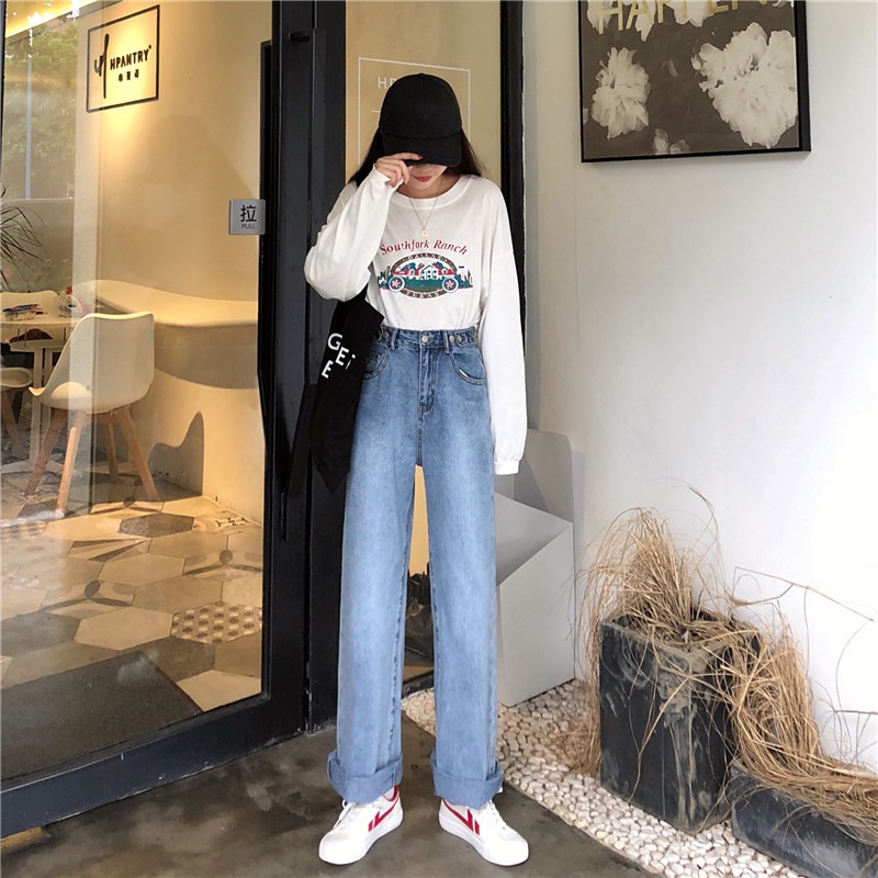 XIAOZHAINV Jeans High Waist Straight Loose Korean Style Celana Wanita