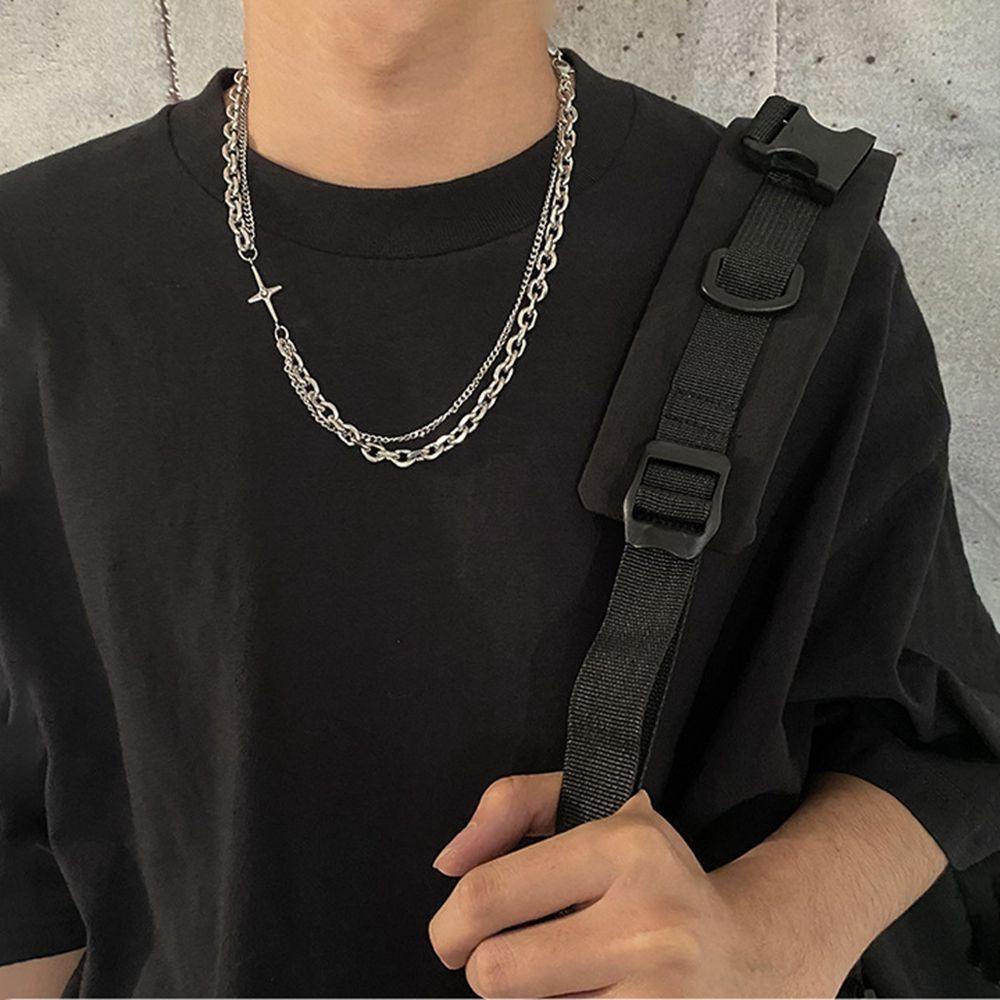 Needway Kalung Baja Titanium Kreatif Keren Salib Perhiasan Fashion Sweater Rantai Pasangan Kalung Gaya Hip Hop Korea Necklace