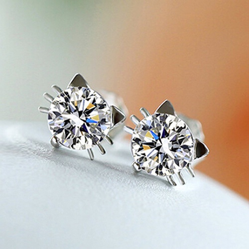 Hu Hu Hu Hu Hu Alat Bantu Pasang Kacamata♡ Anting Tusuk Sterling Silver 925 Desain Telinga Kucing Hias Zircon Berkilau Untuk Wanita