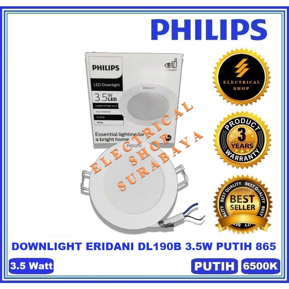 PHILIPS DOWNLIGHT LED ERIDANI 3.5W 3.5 WATT PUTIH ATAU KUNING 3 INCI D80 865 830 6500K 3000K DL190B GN 2 TANAM PLAFON 3&quot; INCH &quot; (GARANSI &amp; HARGA GROSIR) PENGGANTI 3W 3 WATT