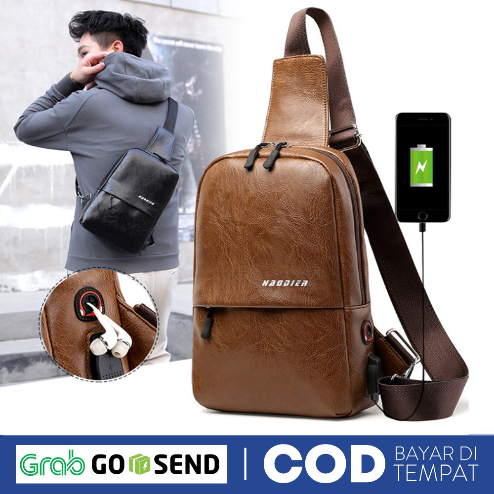 Highland Tas Selempang Kulit USB Charger Tas Slempang Pria Sling Bag IMPORT TS603