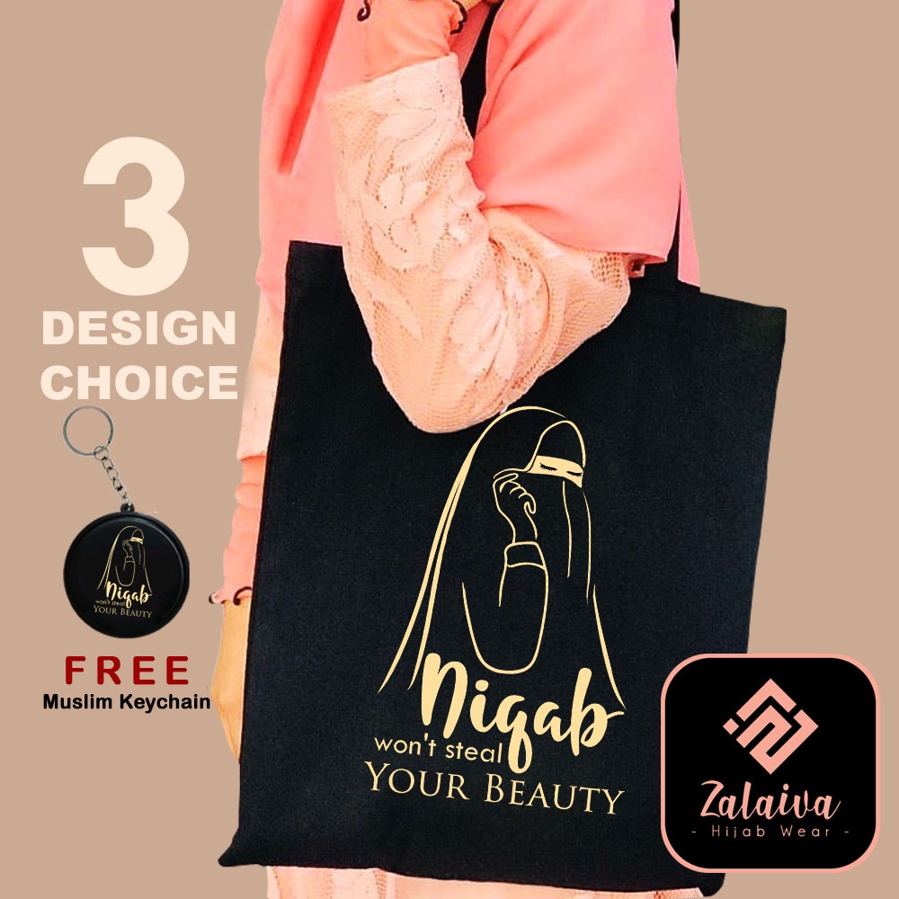 Tas Totebag Muslimah Motif Niqab Cadar Bahan Drill Resleting ZALAIVA