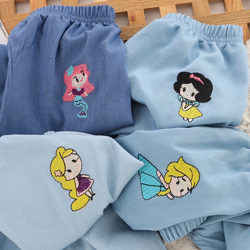 Celana Panjang Denim Anak Perempuan Import Pincess Elsa Rapunzel Snowwhite Mermaid