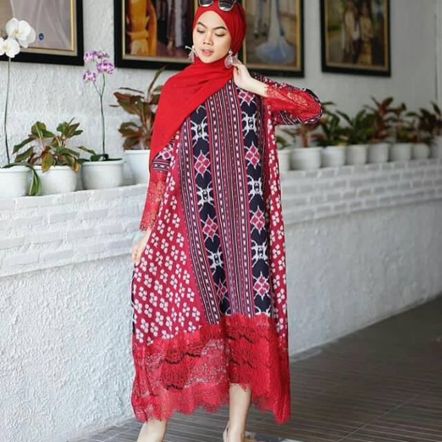 Dress tenun ikat troso etnic kombinasi brukat warna merah