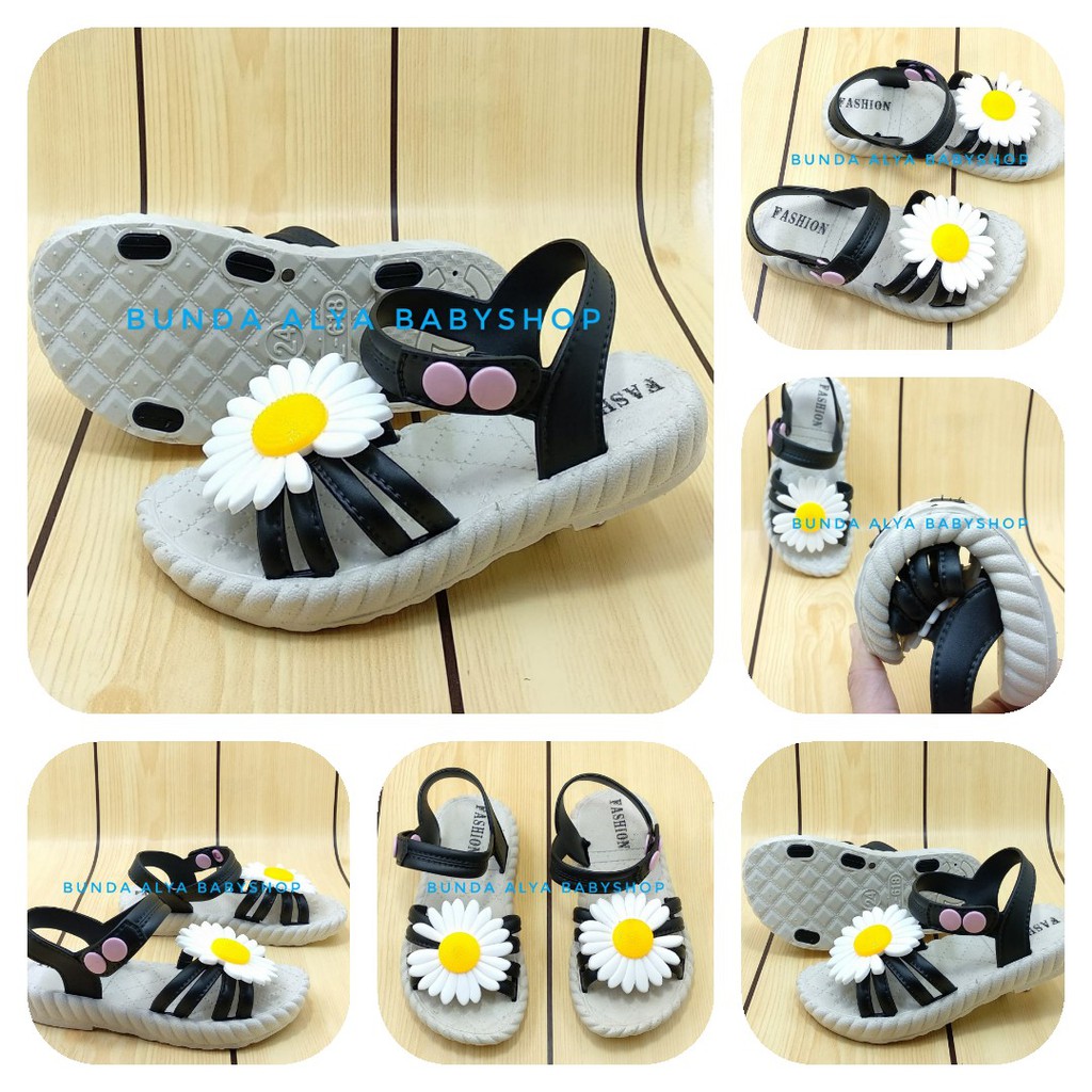 Sendal Anak Perempuan Usia 3 4 Tahun IMPORT HITAM - Sepatu Sandal Anak Cewek Elastis Motif Bunga Size 27 - 29 Karet Anti Licin