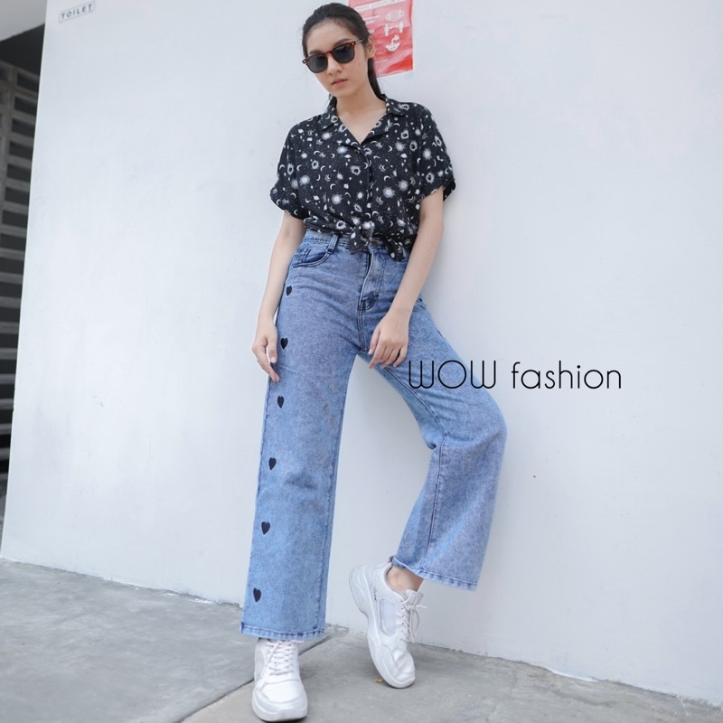 WOW-love Bordir Celana Jeans// Kulot Jeans Highwaist Wanita//Celana Bordir Wanita