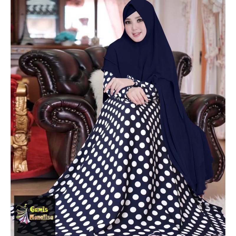Gamis Monalisa Polkadot Navy Dongker murah Set Khimar Hijab Ceruti 2 Layer Lebar bawah 4 meter