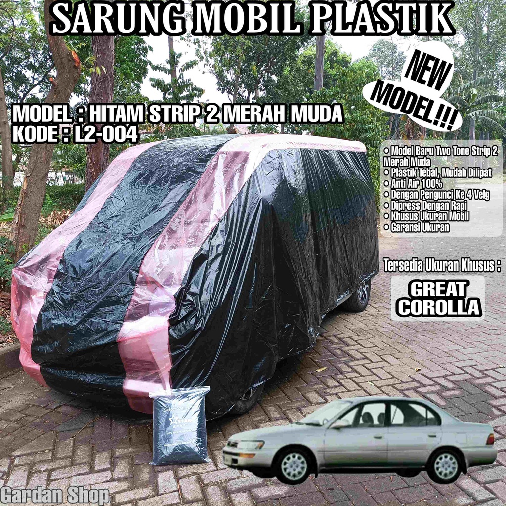 Sarung Mobil Plastik GREAT COROLLA Hitam Strip 2 Merah Muda Full Anti Air Full Waterproof