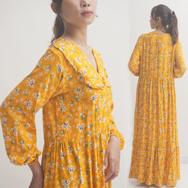 Dress Korea Long Dress Wanita Busui Muslim Motif Bunga Warna Yellow Kuning Pesta Kondangan Lengan Pa