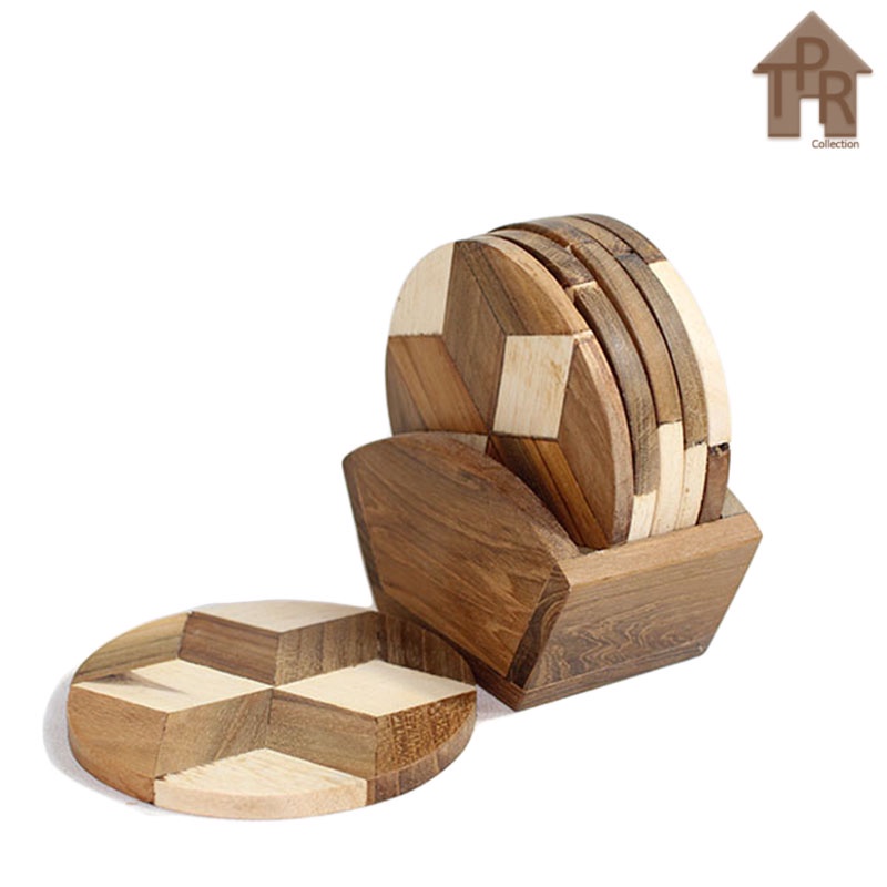 Kayu | Coaster / tatakan gelas / tatakan mug /  tatakan 3D set 6pcs - D9