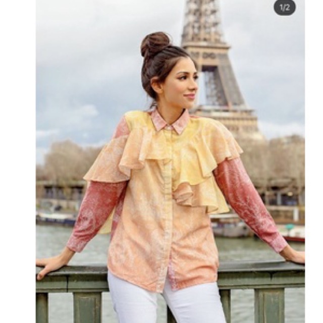 El mar minorca shirt with ruffle yellow pink S benang jarum mmehuhuillet buttonscarves bs bj new buk