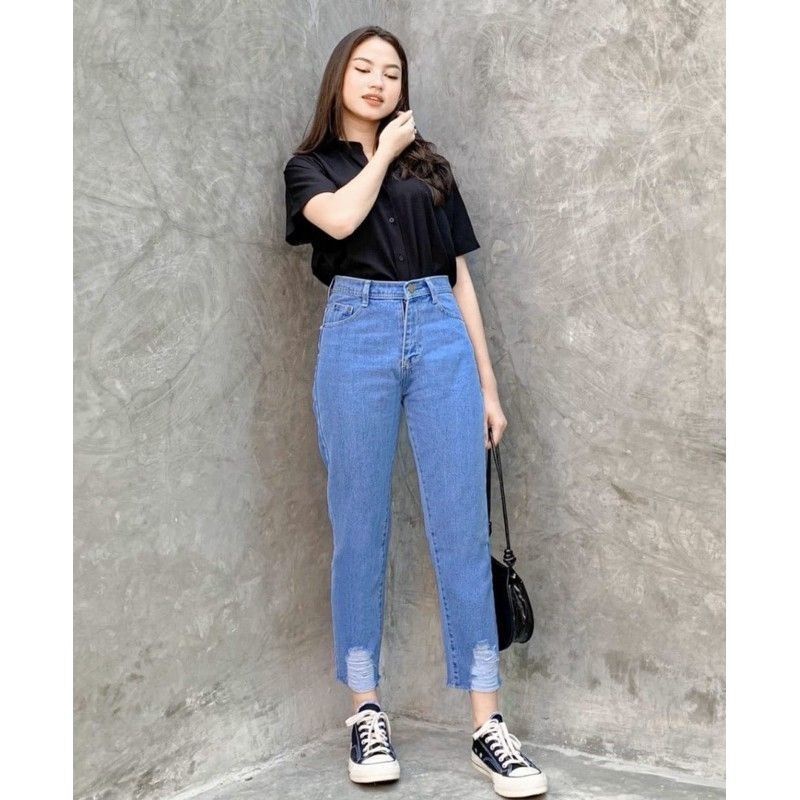 Celana jeans boyfriend sobek highwist jumbo