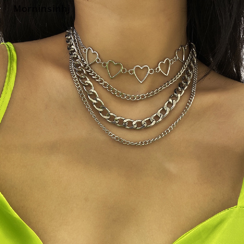 Kalung Rantai Multilayer Bahan Metal Bentuk Hati Gaya Punk Untuk Hadiah