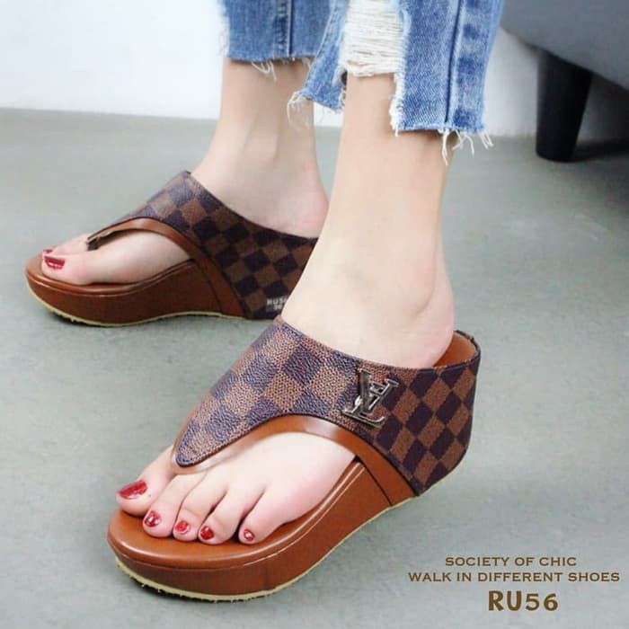 9466Lr Sandal Wanita Wedges Alona Putih Tinggi 12Cm Sendal Wejes SF210  Us68 Coklat - Cokelat, 37