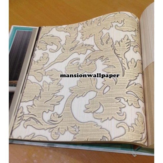 Wallpaper Dinding Dedaunan Gold Putih Murah