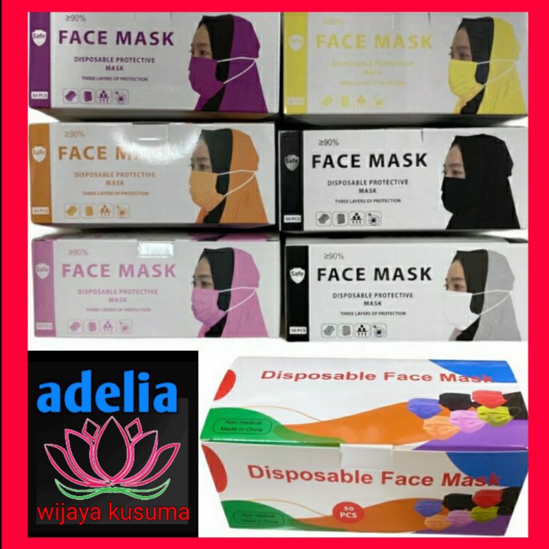 Masker HIJAB 3 ply Warna Warni dijual per box isi 50 pcs