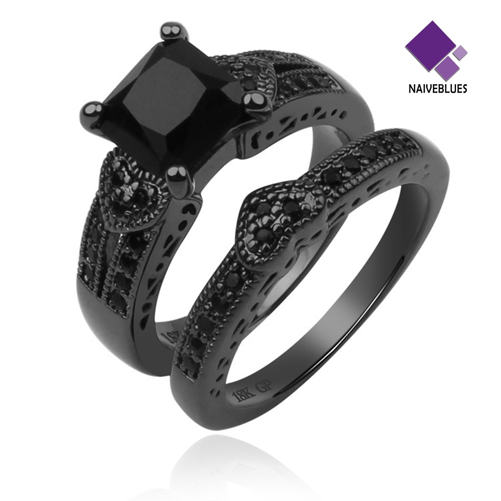 Naiveblue 2Pcs / Set Cincin Pria / Wanita Hias Zircon Hitam Untuk Hadiah