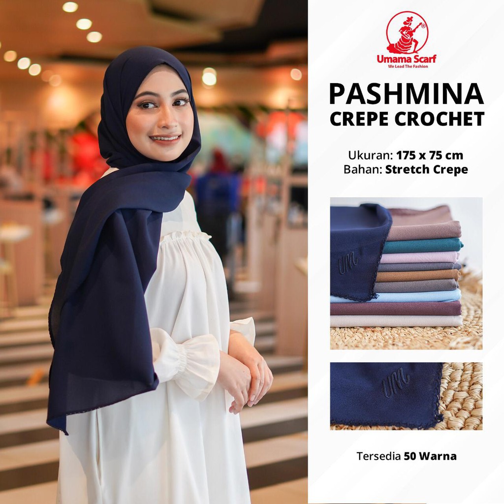 PASHMINA CROCHET PICOT ORIGINAL UMAMA CREPE DIAMOND RAJUT RENDA PASHMINA +- 175 X 70 HARGA GROSIR