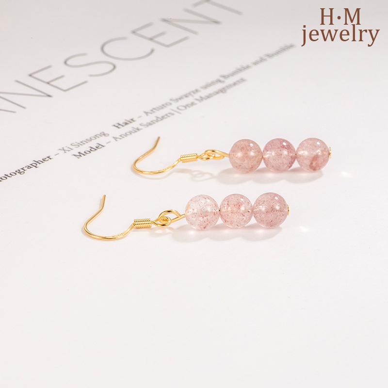 Anting Tusuk Gantung Desain Strawberry Quartz Pink Gaya Simple Menarik Untuk Pria