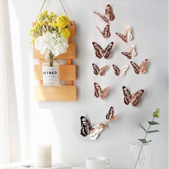 COD❤️12pcs Sticker Butterfly 3D Kupu-kupu Dekorasi Dinding Aesthetic Emas Bunga Decor Hiasan Mahar Rustic Dekorasi Wall Sticker