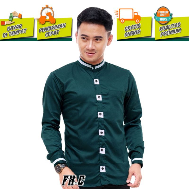 FASHION MUSLIM TERBARU | BAJU KOKO MURAH | GROSIR KOKO LENGAN PANJANG POLOS HIJAU KANCING KOTAK Prom