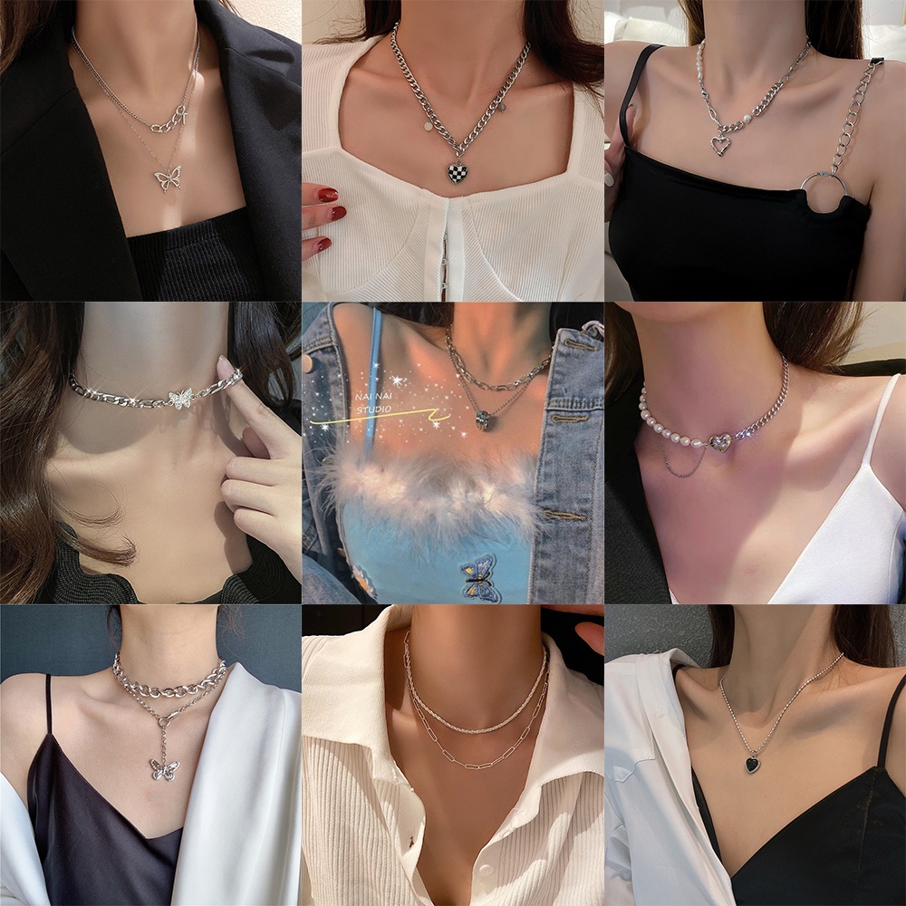 AY(CN) Kalung Rantai Choker Liontin Hati Kupu-Kupu Cherry Aksen Mutiara Warna Silver Untuk Aksesoris Perhiasan