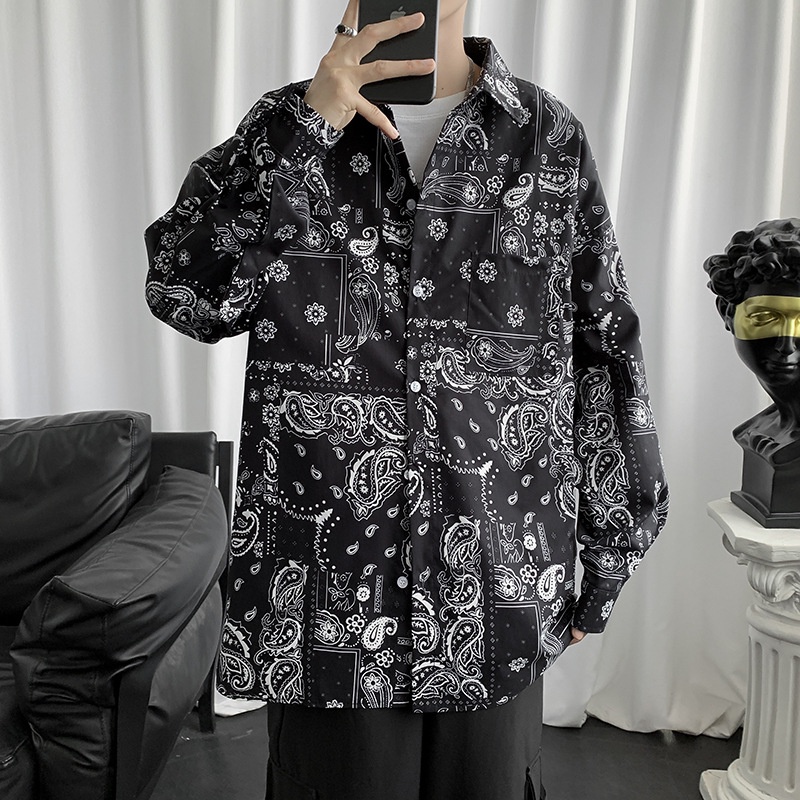 Kemeja Jepang Paisley Lengan Panjang Pria Tren Hong Kong BF Retro Pu Shuai mantel Mhasisawa Trendy