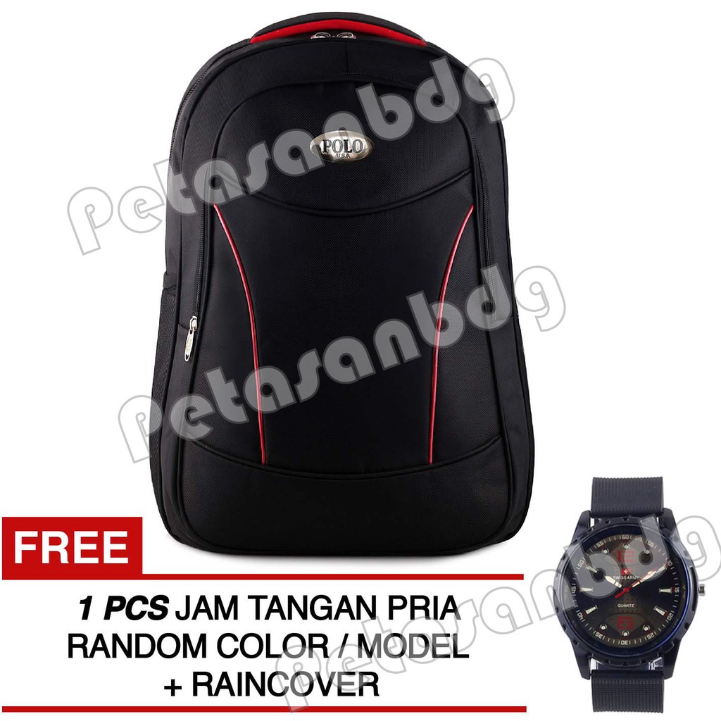 PTS -Polo USA Black Verter Backpack + Raincover + FREE Jam Tangan Pria Random Model