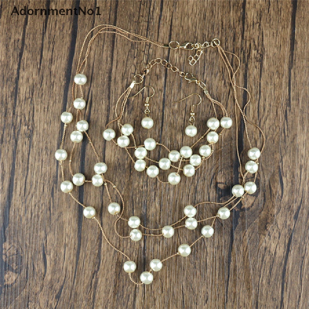 (AdornmentNo1) Set Kalung + Gelang + Anting Gantung Tusuk Multilayer Aksen Mutiara Untuk Perhiasan Wanita / Pernikahan