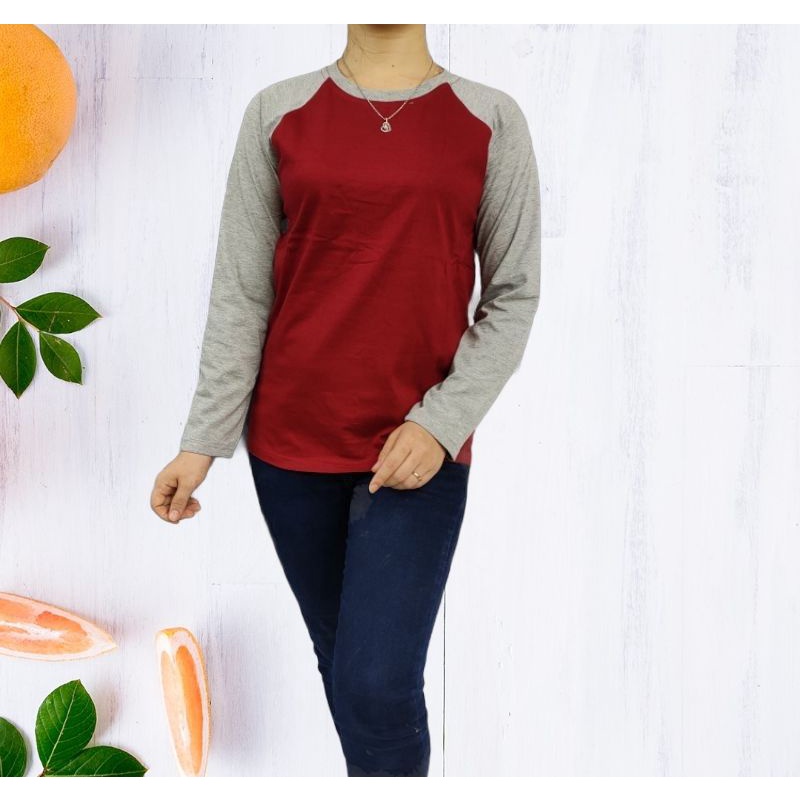 kaos polos reglan wanita (unisex) lengan panjang uk M L XL XXL-Maron-abumisty pjg