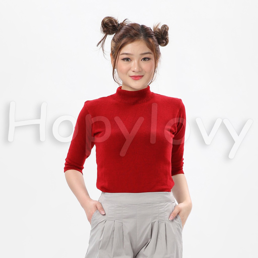 HOPYLOVY Blouse Rajut Turtleneck Wanita Lengan 3 per 4 Rafika-MERAH