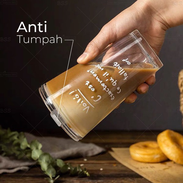 Tumbler Kaca Aesthetic 450ml Gelas Minum Kopi Anti Panas Dengan Sedotan Kaca Simple Elegan Glass Cup