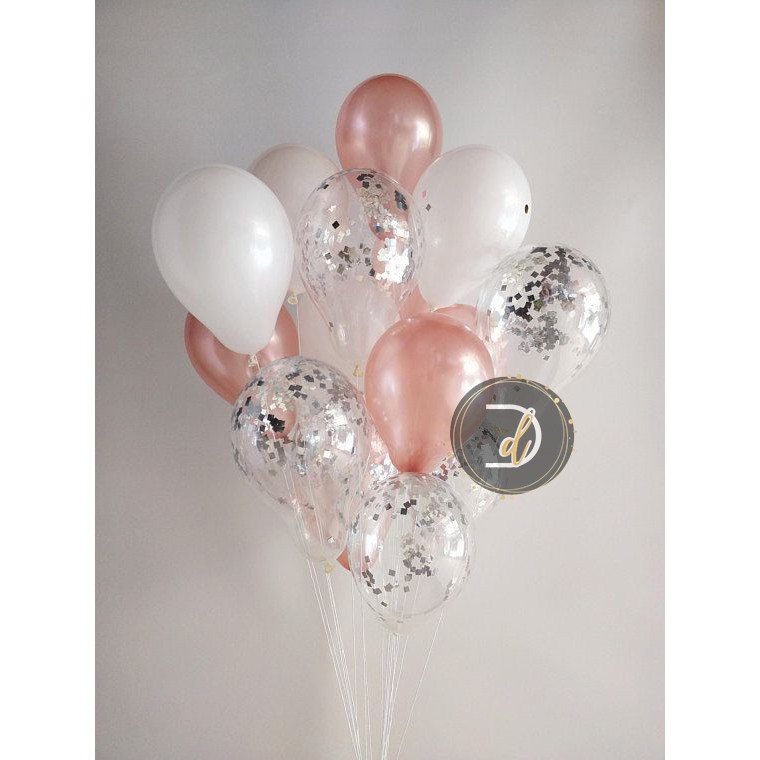 DDBALLOONS PAKET BALON METALIK ROSE GOLD PUTIH CONFETTI 24PCS