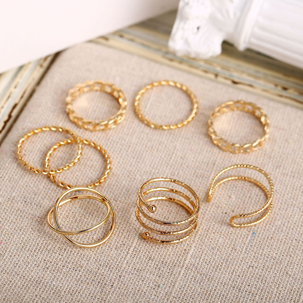 Needway  Female Punk Twisted Vintage Gold Sliver Color Finger Rings Set