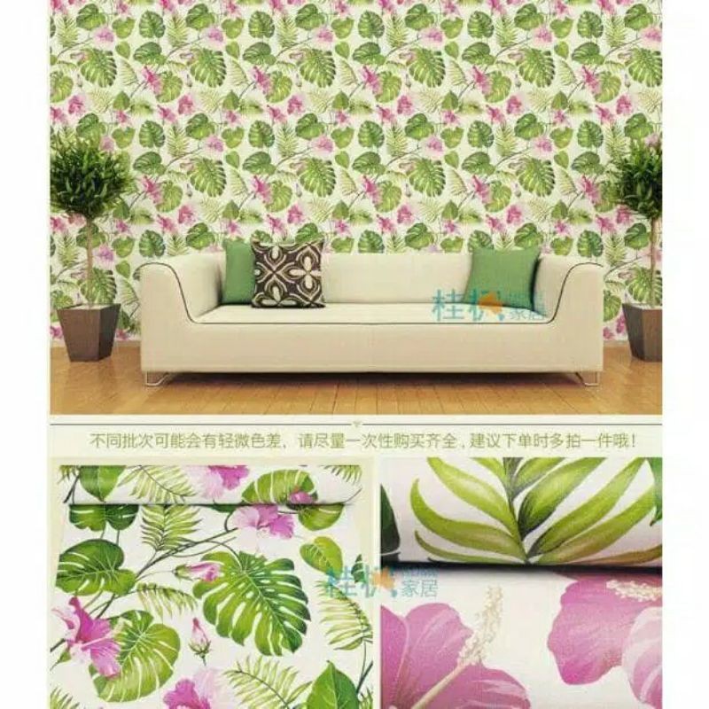 WALLPAPER DINDING MOTIF MONSTERA DAUN HIJAU BUNGA PINK 10m x 45cm