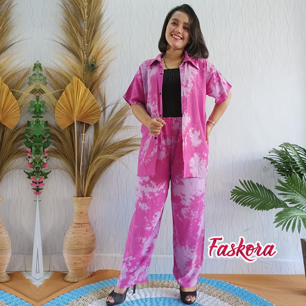 One Set Tie dye Wanita Lengan Pendek - Setelan Jumbo Rayon Wanita Kekinian - Pajamas Tiedye Set