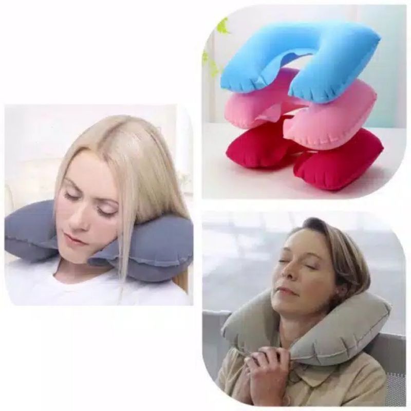Travel Pillow Bantal Leher Angin Tiup Inflatable Air U Shaped Neck Kepala Mobil Pesawat