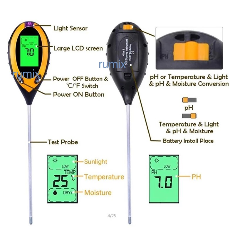 Soil Analyzer Tanah Tester Meter Moisture Meter PH Meter Sunlight Meter Suhu Alat Ukur 3 in 1 4 in 1