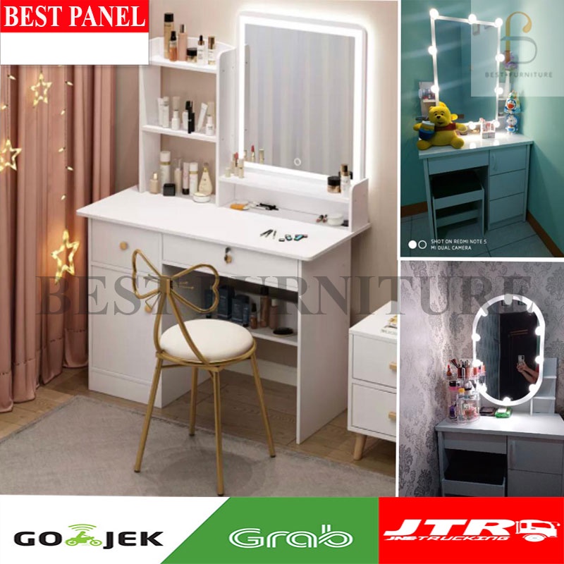 BEST [FREE KURSI ] Meja Rias Putih Lampu LED Meja Rias Kaca Sliding Kaca Minimalis FREE Kursi