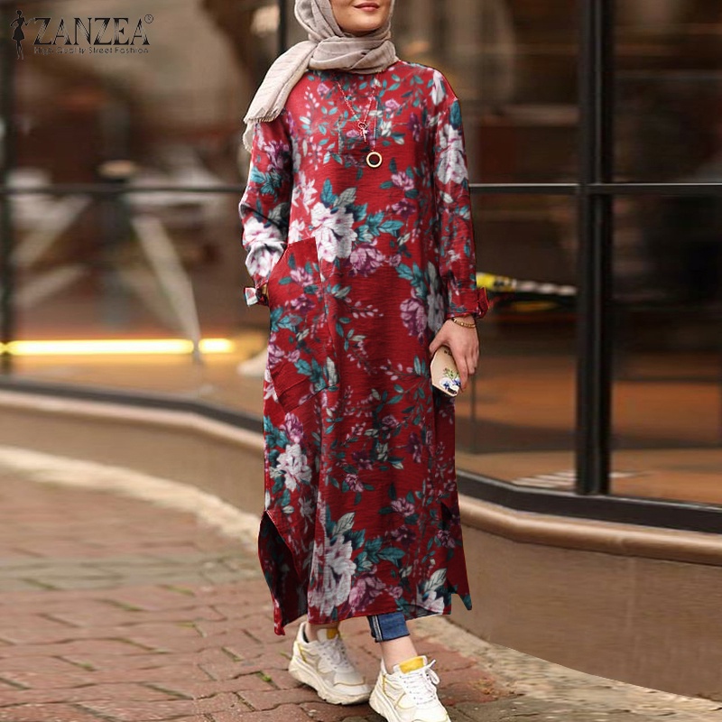 ZANZEA Women Long Sleeve Floral Vintage Oversized Muslim Long Dress