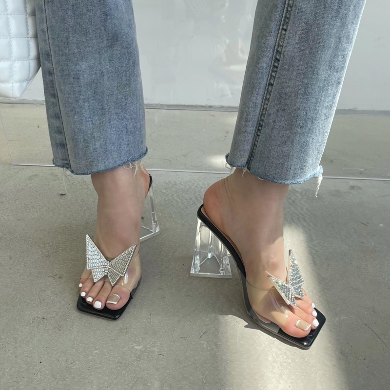 Sandal sepatu heels wanita transparant kaca bening