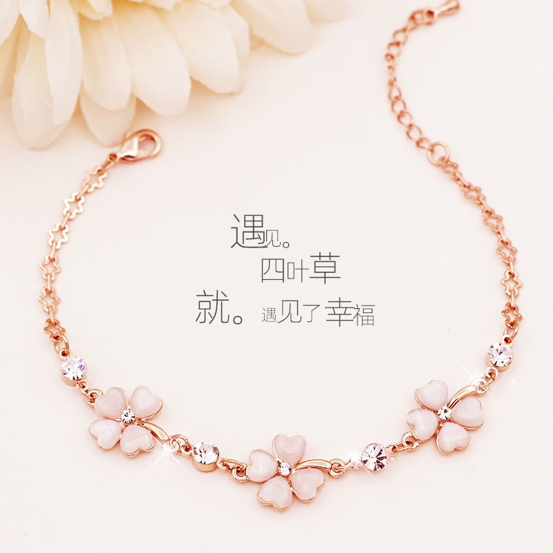 Gelang Tangan Rantai Silver 925 Aksen Bunga Clover Hias Kristal Pink Untuk Wanita